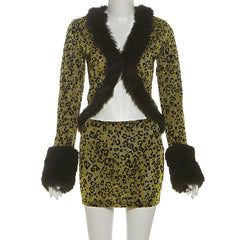 Lunivop  Women Sexy Furry Patchwork Glitter Leopard Fashion 2 Piece Set Long Sleeve Cardigan Tops + Bodycon Mini Skirts Casual Streetwear