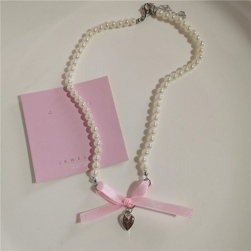 Lunivop Kpop Y2K Aesthetic Lolita Pink Heart Bowknot Pendant Pearl Beaded Necklace For Girl 2000s EMO Goth Harajuku Jewelry Accessories