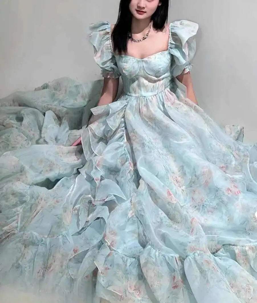 Lunivop New Print Women Floor-Length Dress French Niche Design Floral Tail Square Neck Bubble Sleeve Dresses Female