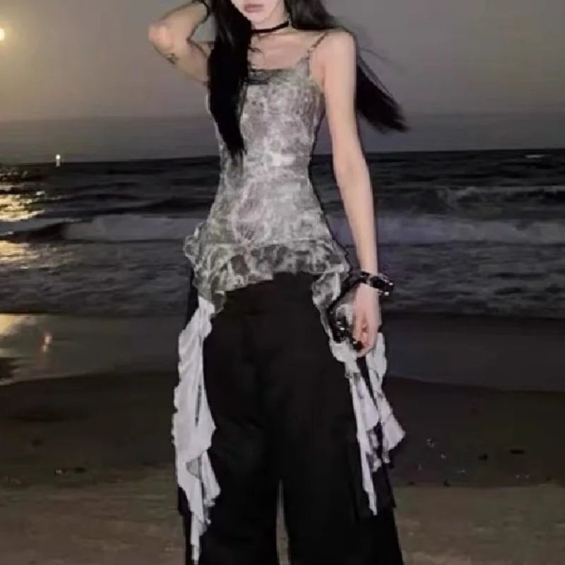 Lunivop  Vintage Tie Dye Ruffles Camisole Vest for Women 2025 Summer New Mesh Tank Top Irregular Slim Fit Sleeveless Tops Mujer
