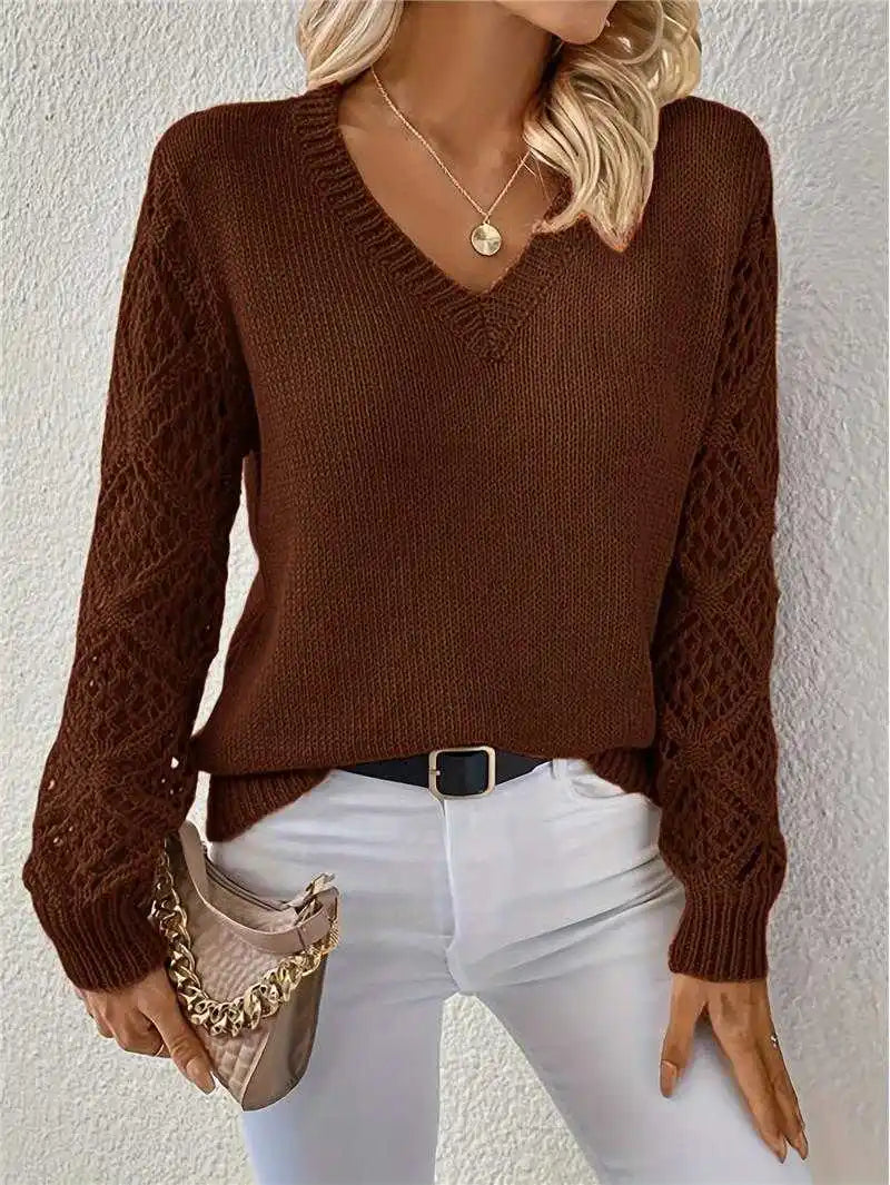 Lunivop Long Sleeve Pointelle Knit Top Pullovers Women Sweater Openwork Long Sleeve V-neck Jumper Fall Winter Blusas Para Mujer Outfit