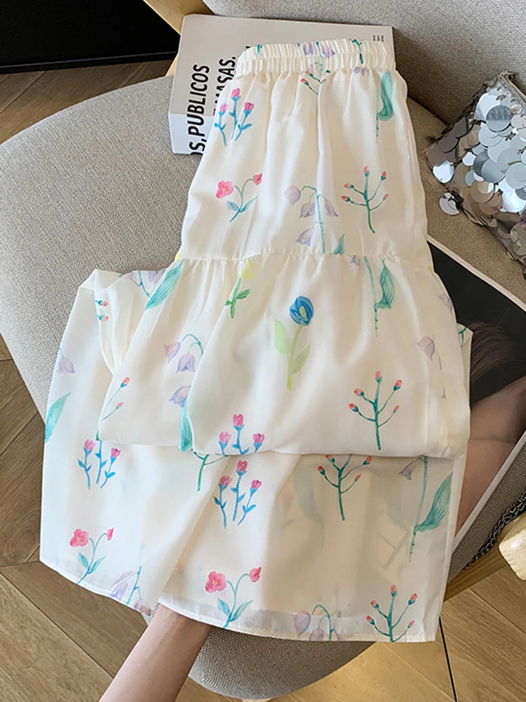 Lunivop  Floral Elegant Long Skirts Women Vintage Loose Sweet High Waist A Line Skirt Korean Retro Summer High Quality Long Skirt