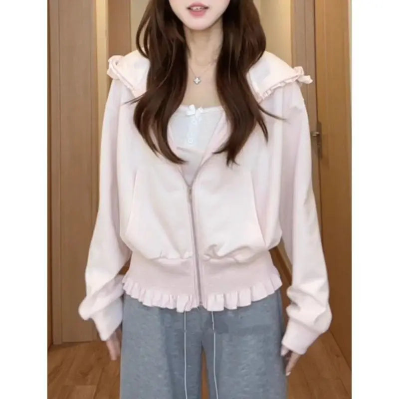 Lunivop  Pink Hooded Sweatshirt Jacket Spring/autumn Loose Slimming Design Kangaroo Pocket Versatile Cardigan Top Outwear