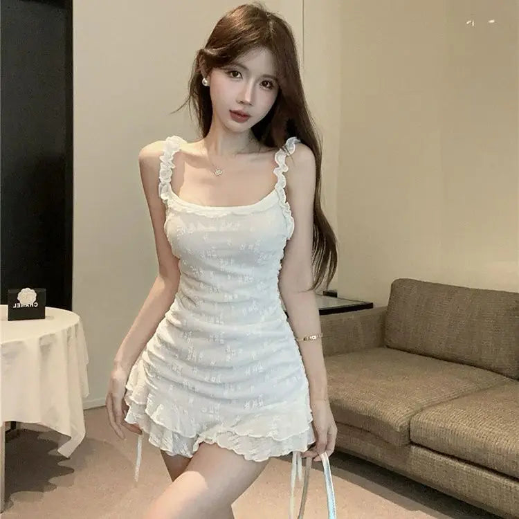 Lunivop  French Sexy Square Neck Slip Dress Women Elegant Slim White Ruffle Hip Dresses Y2k Korea Chic Design Party Dress Tops 2025 New