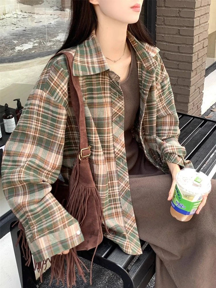 Lunivop American Y2K Plaid Shirt Women Loose Streetwear Long Sleeve Vintage Blouse Casual Oversize All Match Female Spring Tops New