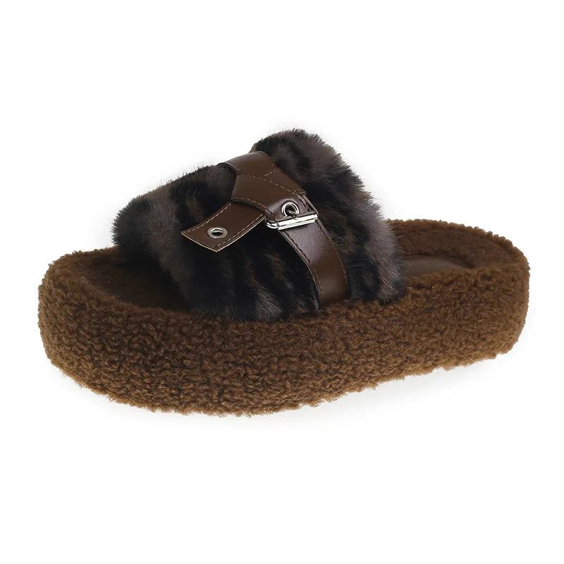 Lunivop Women Leopard Fur Cotton Slippers Platform Flats Casual Home Shoes 2025 New Fashion Buckle Cozy Slippers Winter Zapatos De Mujer
