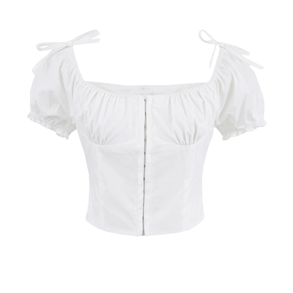 Lunivop  Sexy White U Collar Metal Hook Buttons Short Puff Sleeve Shirt Women Tie Bow Shoulder Center Slim Crop Tops Black