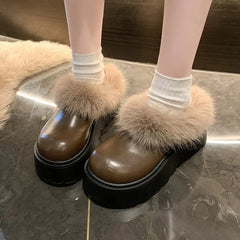 Lunivop Platform Women Slippers Flats Slingback Leather Shoes Woman Winter New Fashion Trend Designer Plush Warm Short Botas