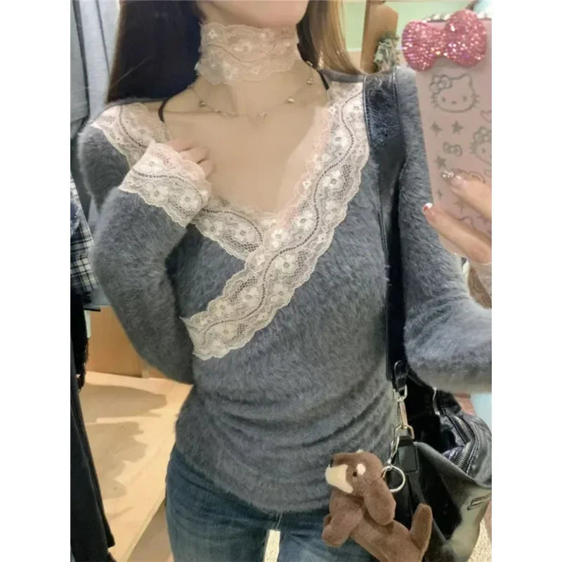 Lunivop V-neck Lace Splicing Casual Long-sleeved Sweater Women 2025 Spring New Korean Contrast Color Sexy Slim Cashmere Knitted Tops