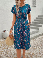 Lunivop  Women Floral Print Drawstring Waist Pocket Casual Midi Dress Summer