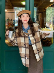 Lunivop Vintage Faux Woolen Plaid Coat Women Fall Winter Long Sleeve Sweet Jacket Retro Preppy Style Korean Elegant O Neck New Tops