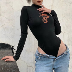 Lunivop Dragon Printed Long Sleeve Bodysuit Women Sexy Black Bodycon Romper Bodysuits Spring Autumn O-neck Streewear Bodysuit