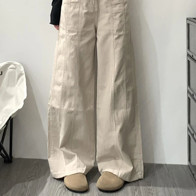 Lunivop  American Front Pocket Floor-Length Jeans Women Autumn Fashion High Street Wide Leg Denim Pant Vintage High Waist Cargo Trousers