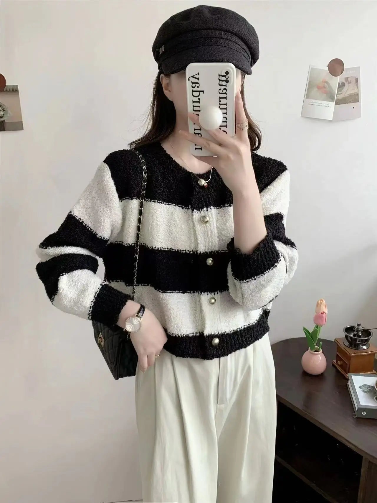 Lunivop Women's Acrylic Long Sleeve O-Neck Button-Down Striped Cropped Knit Cardigan Ladies Autumn Winter Korean Fashion Knitwear