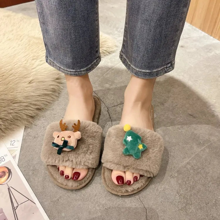 Lunivop 2025 New Christmas Elk Cotton Slippers for Women Men Winter Cute Cartoon Home Non Slip Couple Floor Slides Slip-on Plush Shoes