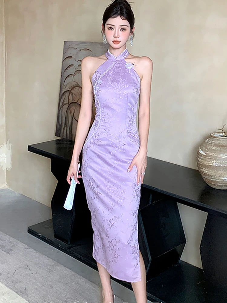 Lunivop  Women Purple Jacquard Diamonds Luxury Long Dress Summer Fashion Chic Neck-mounted Dress Korean Vintage Elegant Party Dress