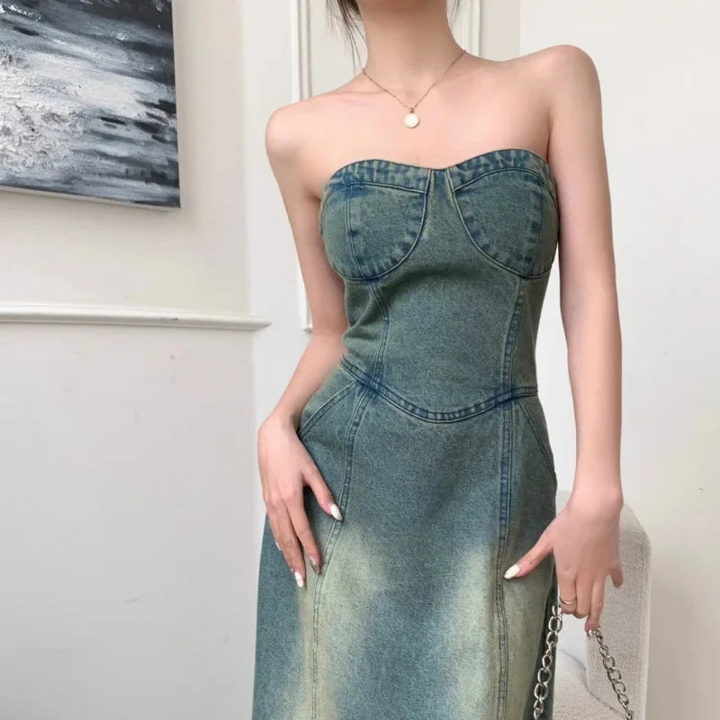 Lunivop  Summer Retro Strapless A- Line Denim Dress Pure Desirable Sexy Two-Piece Set Small Size Ins Spicy Girl Long Skirt Dress
