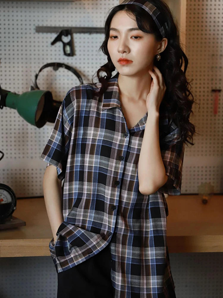 Lunivop  Loose Retro Plaid Shirt Women Short Sleeve Casual Vintage Blouse Summer All Match Japan Preppy Style Single Breasted Tops