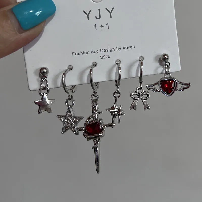 Lunivop 6PCS Kpop Fashion Gothic Zircon Crystal Star Corss Stud Earrings Set For Women Trend Punk Sweet Cool Party Aesthetic Y2K Jewelry