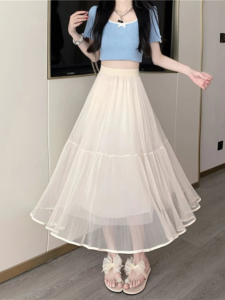 Lunivop Elegant Tulle Midi Skirt Women Sweet High Waist Mesh Pleated Skirts Korean Fashion Loose Cute Solid Casual A Line Skirt New