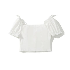Lunivop  Sexy White U Collar Metal Hook Buttons Short Puff Sleeve Shirt Women Tie Bow Shoulder Center Slim Crop Tops Black