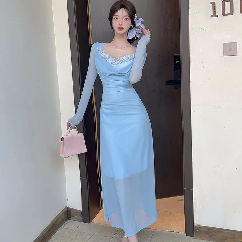 Lunivop  Women Blue Mesh Patchwork Lace Square Collar Long Dress Summer Elegant Casual Dress with Long Sleeve Korean Bodycon Dresses