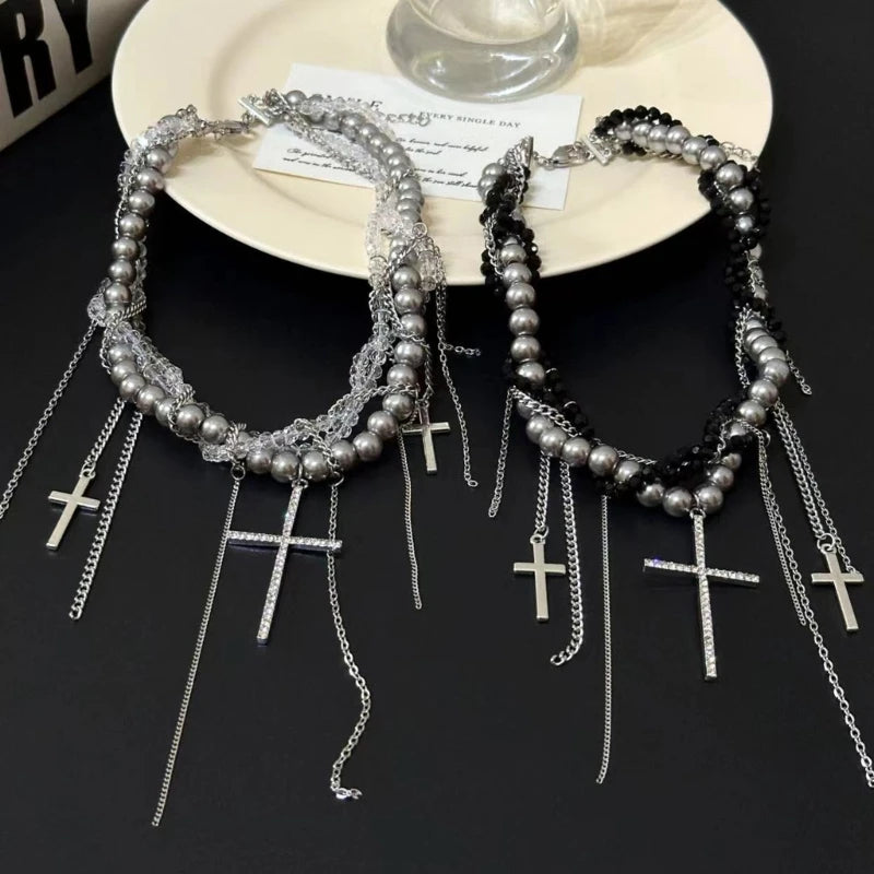 LunivopGrunge Y2K Unique Pearls Entwined Chain Choker with Fringes Crucifix Charm Necklace Jewelry