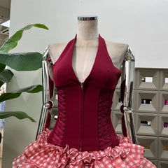 Lunivop  Summer Fashion Halter Lace Up Deep V-neck Slim Fit Vest Top+ High Waist Cake Skirt for Women New Two Piece Sets