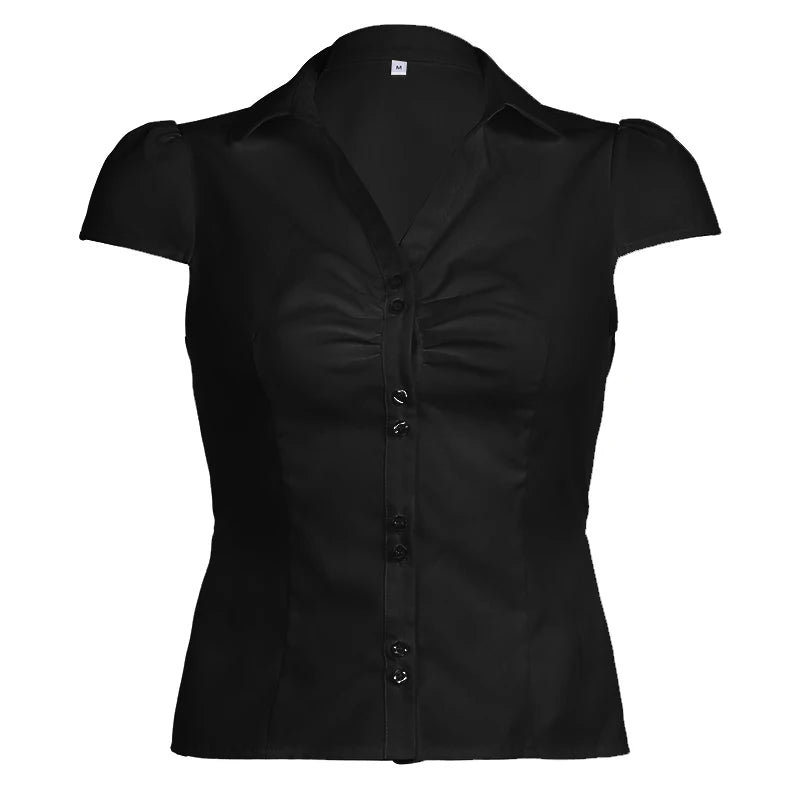 Lunivop  Vintage Folds Crop Top White Button Up Short Sleeve Blouse Women Bandage Korean Fashion T-shirt Casual Streetwear y2k Tee