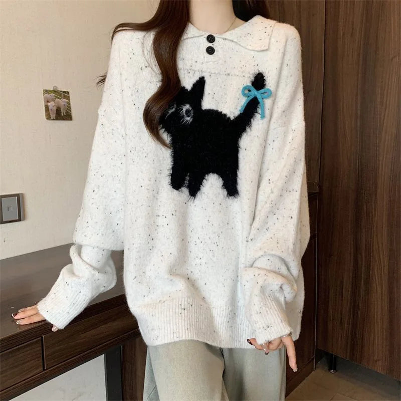 Lunivop Cute Cartoon Bow Sweaters Women Loose Vintage Long Sleeve Kawaii Knitted Jumper Japan Casual Preppy Style Retro Pullovers
