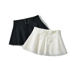 Lunivop  Holiday Front Cross Lacing up Bandage Bow Zipper Waist Mini Skirt Women White Spliced Lace Hem Ruched Swing A-lined Skirts Black
