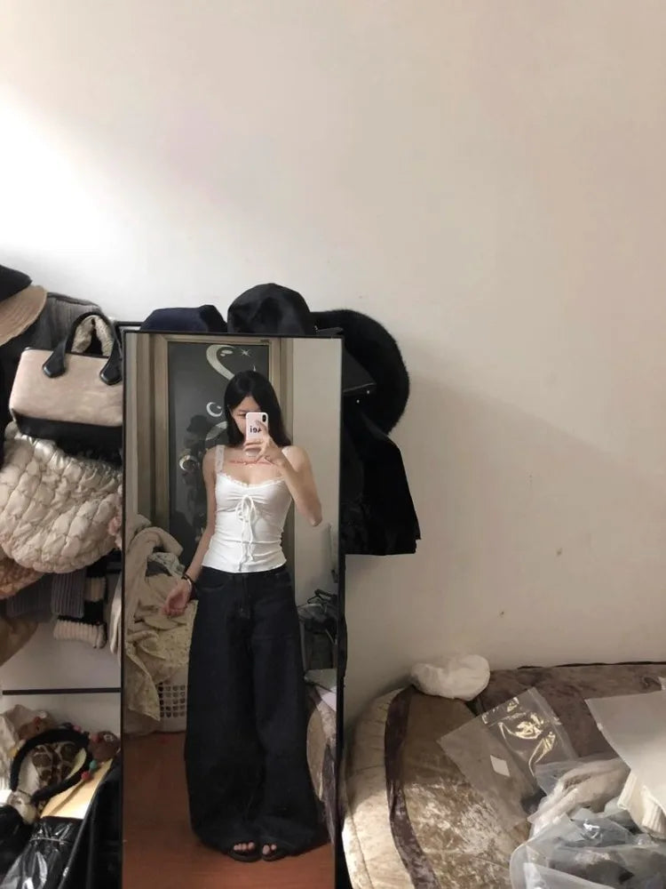 Lunivop  Y2k Lace Patchwork Camisole Vest for Women Summer New Slim Fit Tank Top Slim Fit Sleeveless Drawstring Bow Tops Mujer