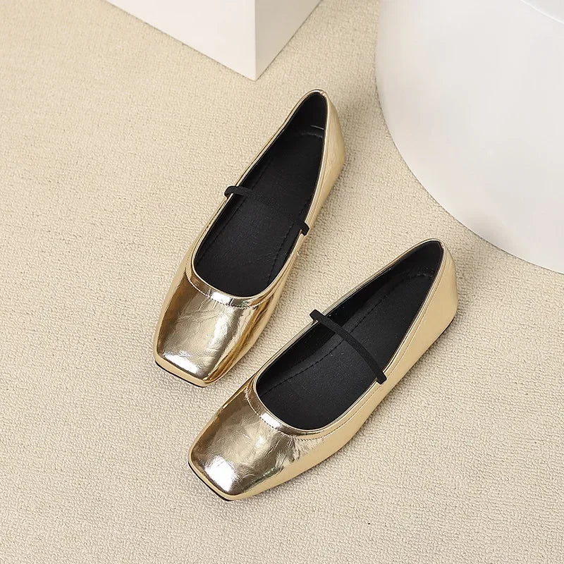 Lunivop New Women Mary Janes Soft Sole Flats Ladies Retro Square Toe Silver Gold Party Leather Loafers Elegant Slip-on Ballet Shoes