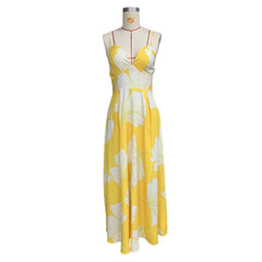 Lunivop   Print Sleeveless Casual Women Dress Sexy V Neck Straps Summer Beach Dresses Backless A-line Floor-Length Draped Robe