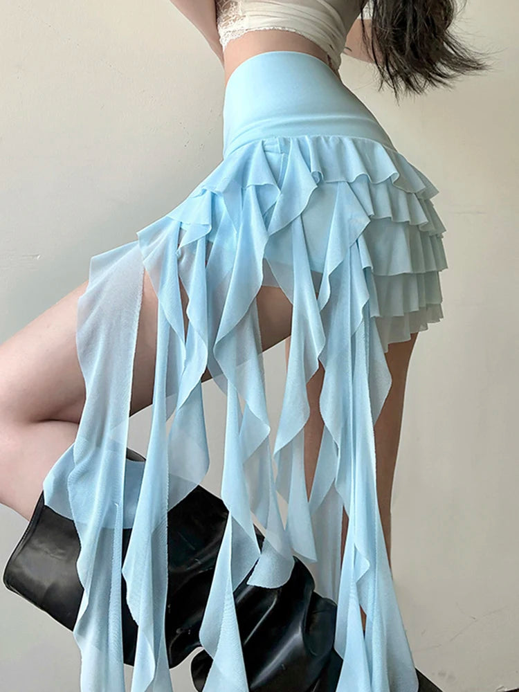 Lunivop  Ruffles Sexy Mesh Y2K Skirts Women Slim Streetwear Vintage High Waist Mini Skirt Harajuku Retro Irregular Design Skirt New