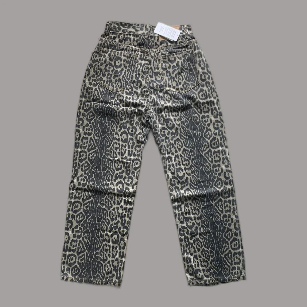 Lunivop Leopard Jeans Women Y2k American Wide Leg Pants High Waisted Korean Style Retro Baggy Jeans Loose Oversized Straight Trousers