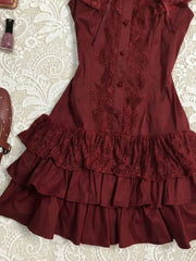 Lunivop  Vintage Classic Lolita Burgundy Lace Stand Collar Flutter Sleeve Short Dress Elegant Waist Fit Harajuku Summer Streetwear Outfit