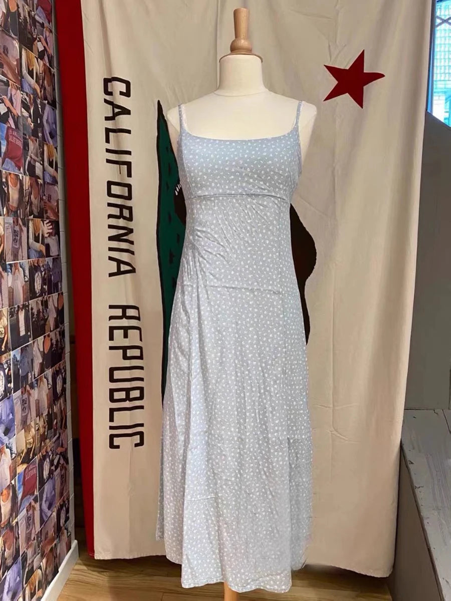 Lunivop  Floral Print Lace-up Maxi Dress Women Summer Blue Sleeveless A-line Long Dresses Female Casual Vintage Sweet Cute Vestidos New