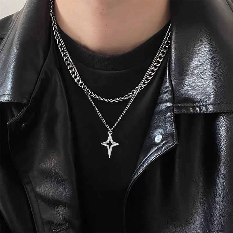 Lunivop Double Layered Cuban Star Pendant Necklace for Man Titanium Steel Hip-Hop Design Collarbone Chain Unisex Jewelry Wholesale