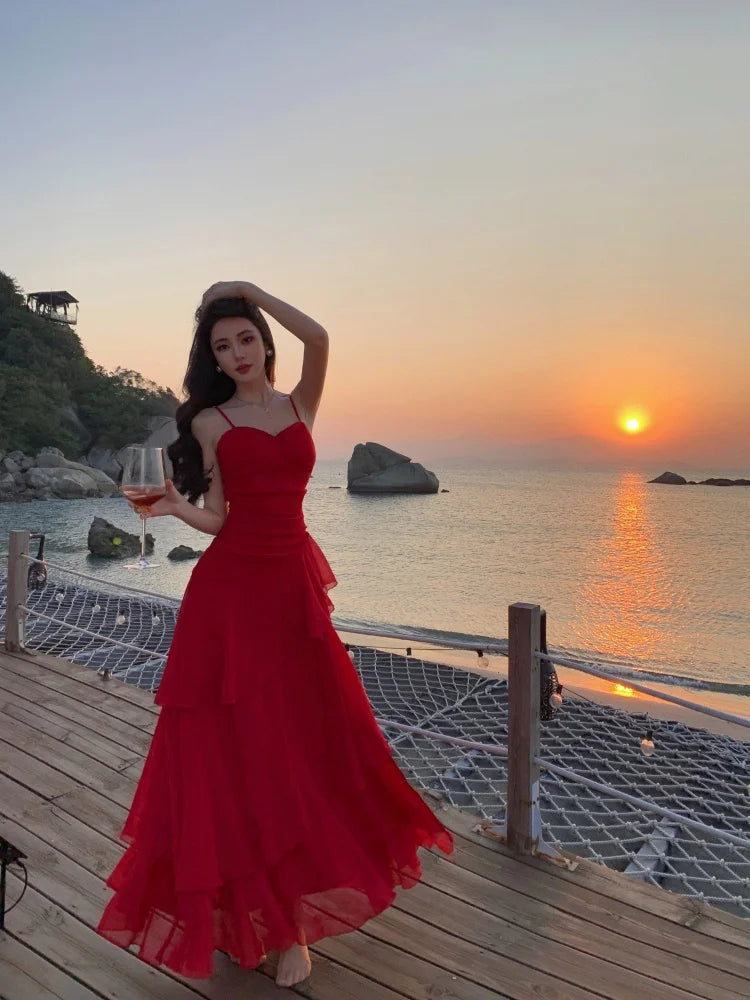 Lunivop Elegant Spaghetti Strap Sleeveless Ruffles Dresses Waist Cinched Gown Coastal Outfit Women's French Lace Halter Neck Long Dress