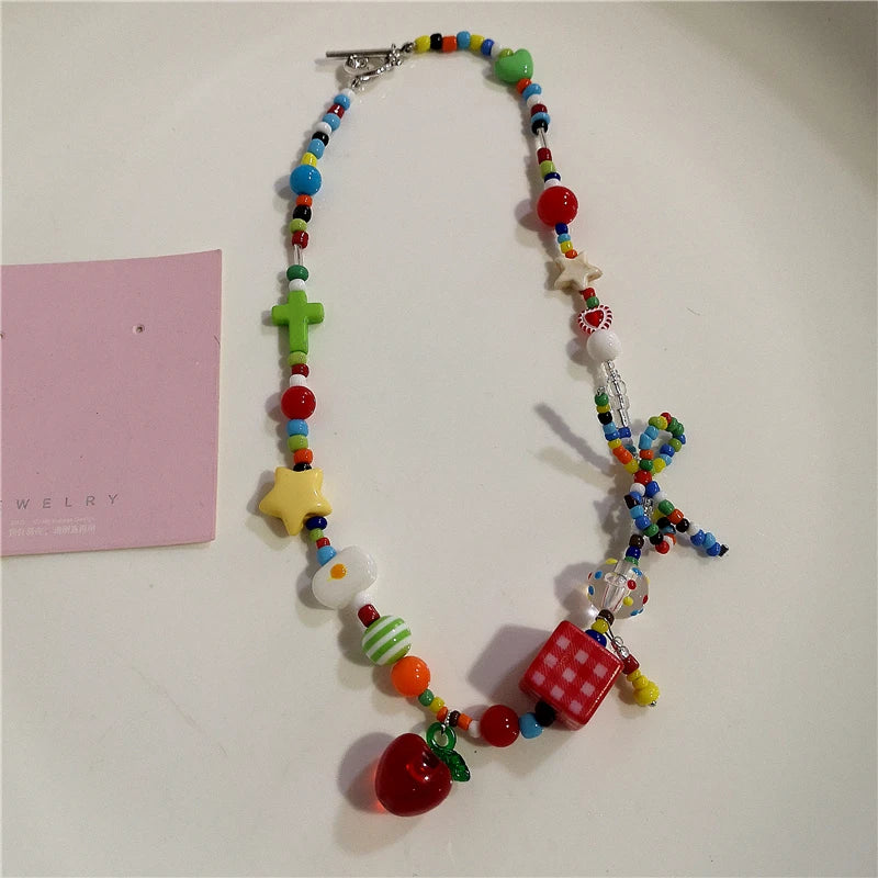 Lunivop Y2K Acrylic Flower Star Pendant Choker Colorful Red Blue Beaded Necklace For Women Aesthetic Jewelry Boho Accessories Wholesale