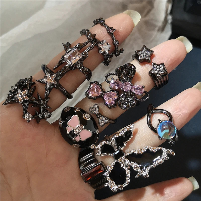 Lunivop Kpop Creative Y2K Gothic Irregular Crystal Star Bowknot Aesthetic Rings Women Grunge Punk Vintage Fashion Jewelry Accessories