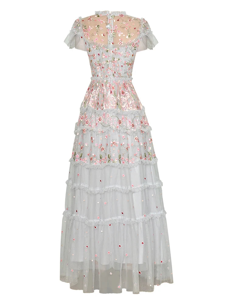 Lunivop  Solid Big Swing Heavy Industry Mesh Embroidery Women's Dresses Round Neck Short Sleeve High Waist Dress Summer 2025