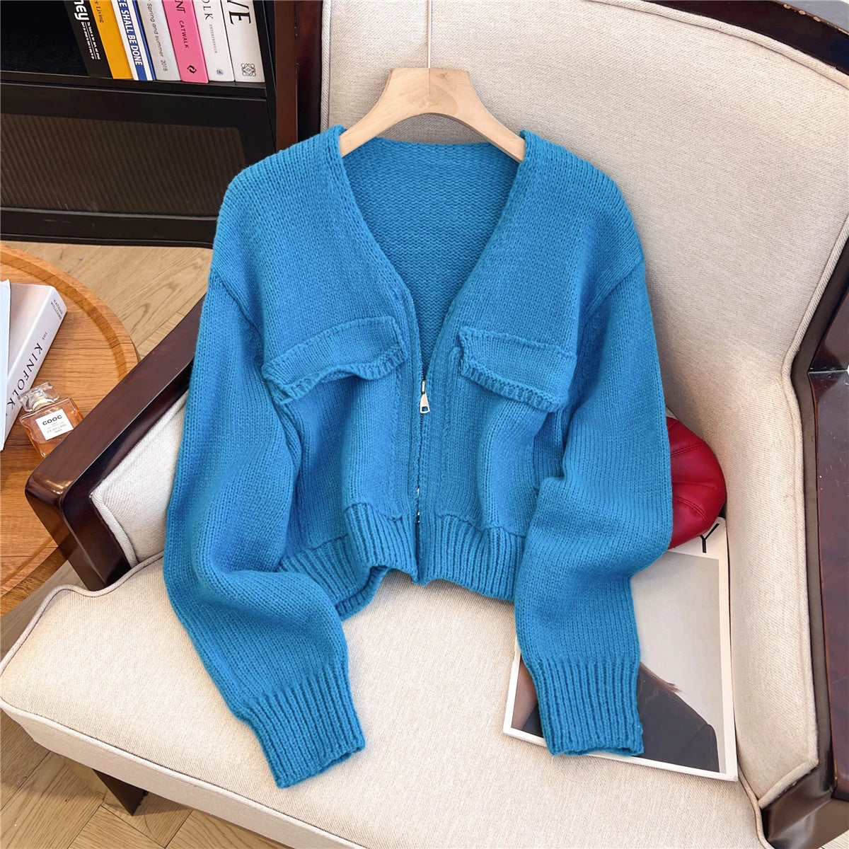 Lunivop Women's Zip Up Knit Cardigan with Pocket V-neck Zipper Front Crop Sweater Jacket Female Teen-girl Autumn Winter Y2K Outfit