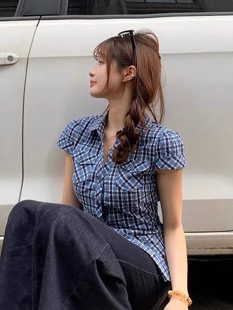 Lunivop  Vintage Slim Plaid Shirt Women Casual Pockets Short Sleeve Y2K Blouse Summer American Harajuku Retro Female Streetwear Tops