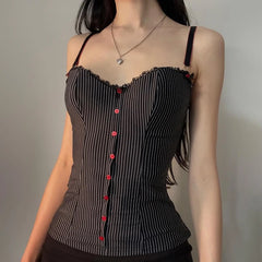 Lunivop  Vintage Contrast Button Stitching Camis Women Causal Slim-fitting Sleeveless Slit Crop Top Summer Retro Striped Print Tee