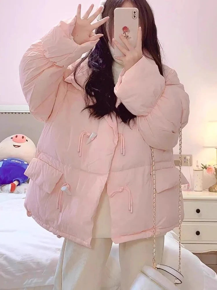 Lunivop Sweet Cute Winter Puffy Coat Women Loose Korean Preppy Style Warm Thick Cotton Jacket Casual Long Sleeve Vintage New Tops