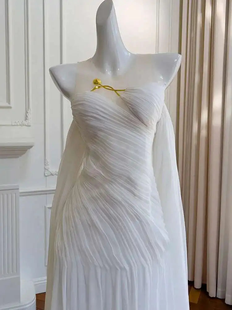 Lunivop Not Return And Refund Spring New Metal Flower Women's Gown Dress Solid Pleated Elegant Party Dresses Female
