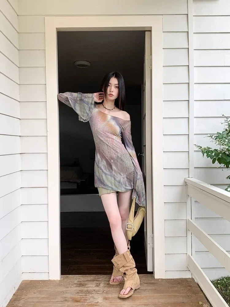 Lunivop  Tie-dye Pink Print O-nreck T-shirt for Women Mesh Long Sleeve Slim Fit Tops Mujer 2025 Summer New Bottoming Tee Shirt
