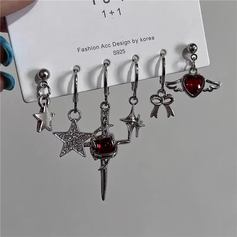 Lunivop Goth Red Crystal Star Cross Earring Set for Women Girl Vintage Aesthetic Heart Pendant Earring Trendy Y2K Jewelry Accessories